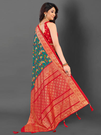 Women's Cotton Blend Teal blue Printed Designer Saree With Blouse Piece