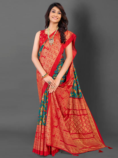Women's Cotton Blend Teal blue Printed Designer Saree With Blouse Piece