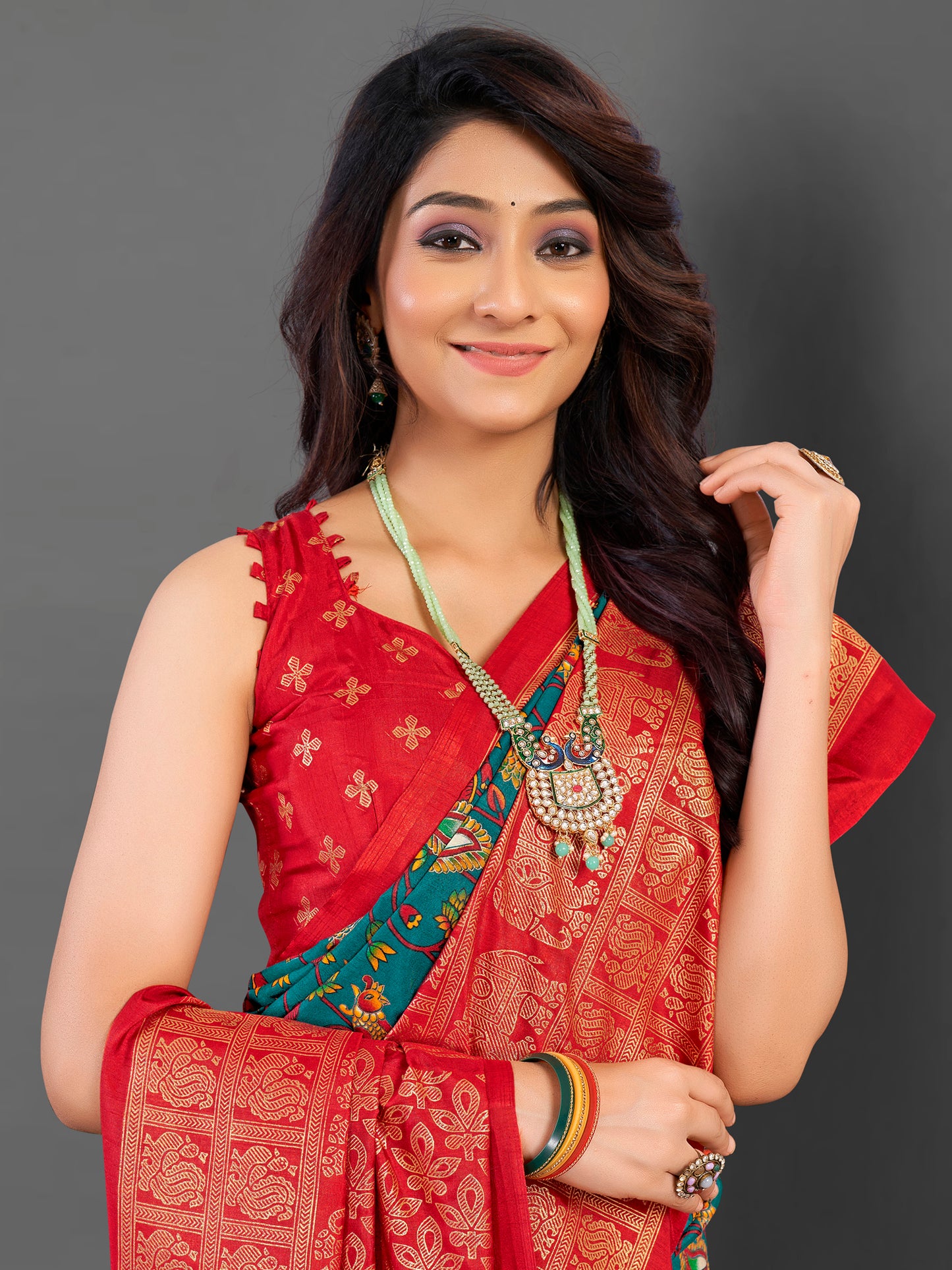 Women's Cotton Blend Teal blue Printed Designer Saree With Blouse Piece