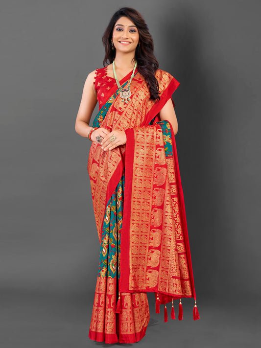 Women's Cotton Blend Teal blue Printed Designer Saree With Blouse Piece