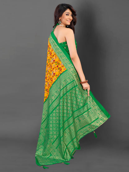 Women's Cotton Blend Mustard Printed Designer Saree With Blouse Piece