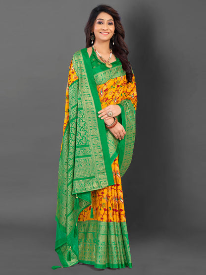 Women's Cotton Blend Mustard Printed Designer Saree With Blouse Piece