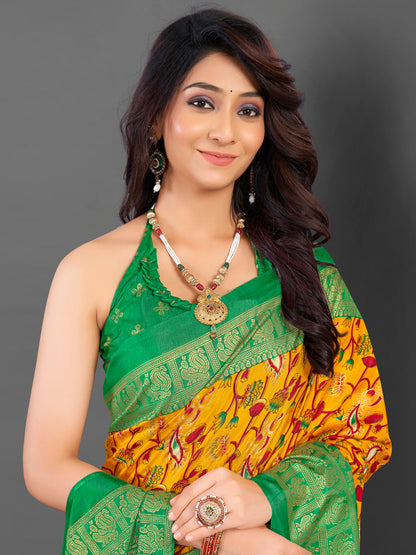 Women's Cotton Blend Mustard Printed Designer Saree With Blouse Piece