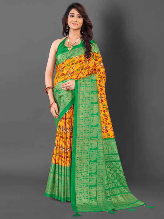 Women's Cotton Blend Mustard Printed Designer Saree With Blouse Piece