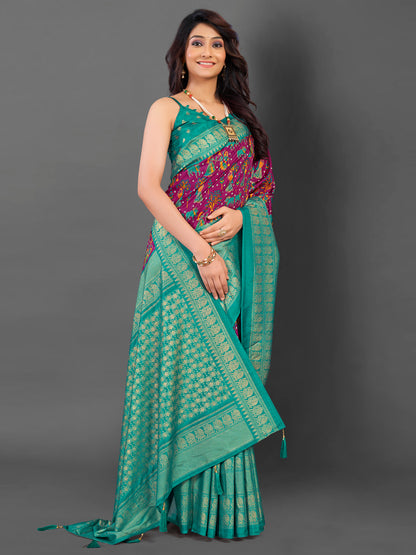 Women's Cotton Blend Magenta Printed Designer Saree With Blouse Piece