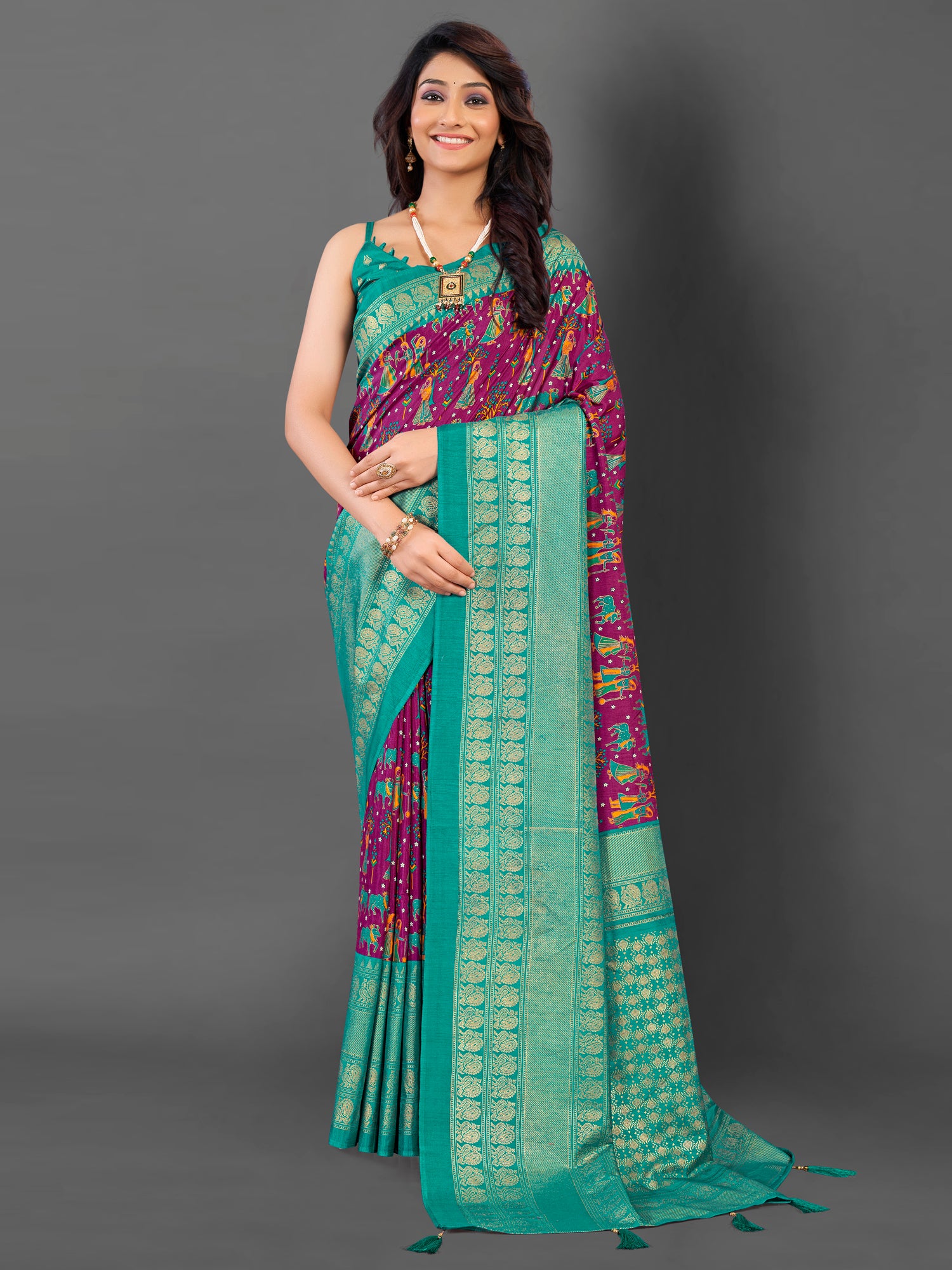 Women's Cotton Blend Magenta Printed Designer Saree With Blouse Piece