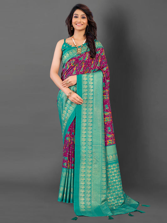 Women's Cotton Blend Magenta Printed Designer Saree With Blouse Piece