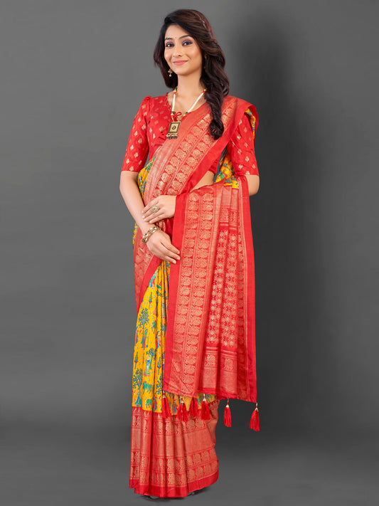 Women's Cotton Blend Yellow Printed Designer Saree With Blouse Piece