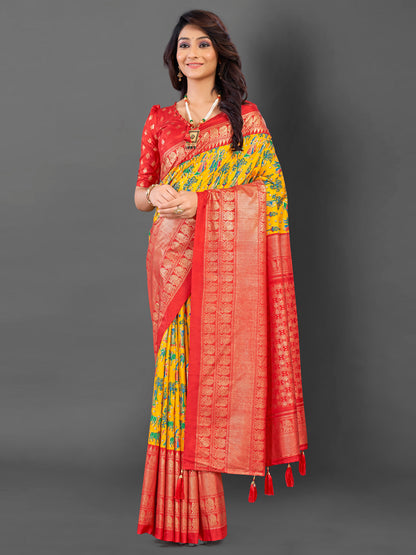 Women's Cotton Blend Yellow Printed Designer Saree With Blouse Piece