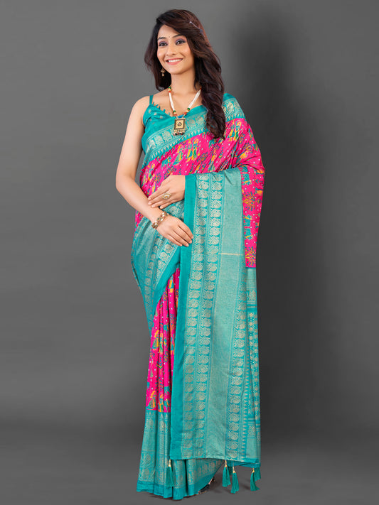 Women's Cotton Blend Pink Printed Designer Saree With Blouse Piece