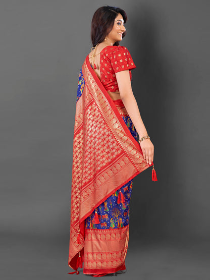 Women's Cotton Blend Blue Printed Designer Saree With Blouse Piece