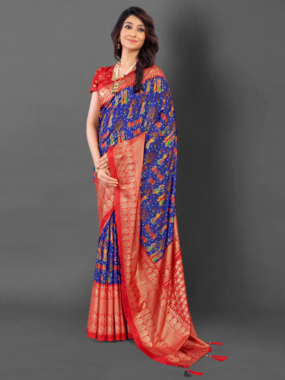 Women's Cotton Blend Blue Printed Designer Saree With Blouse Piece