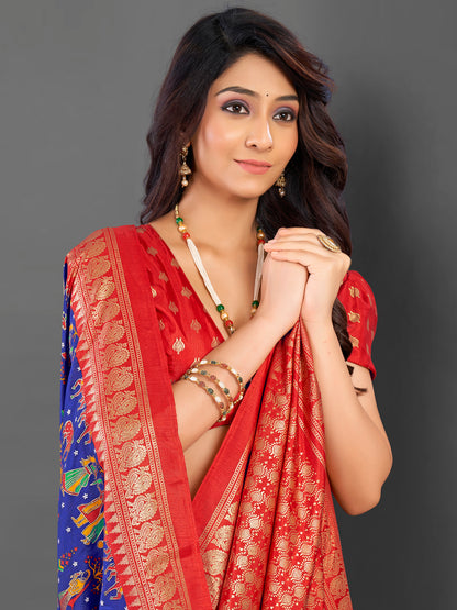 Women's Cotton Blend Blue Printed Designer Saree With Blouse Piece