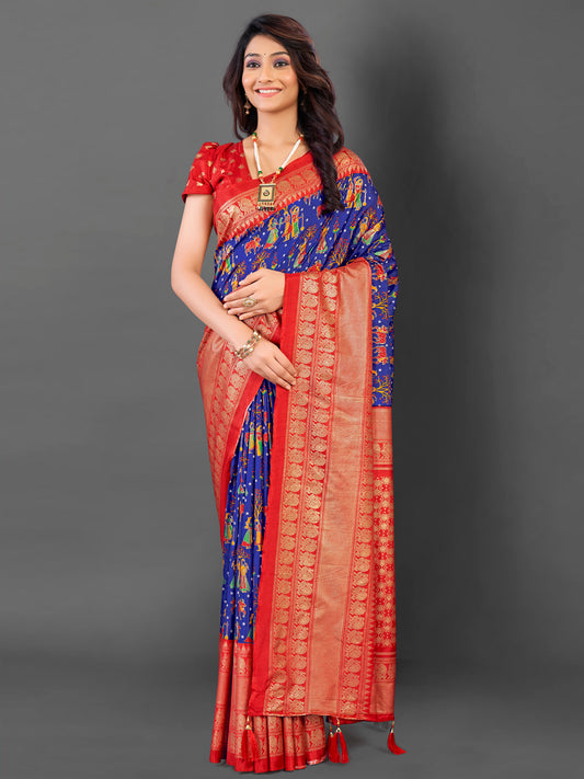 Women's Cotton Blend Blue Printed Designer Saree With Blouse Piece