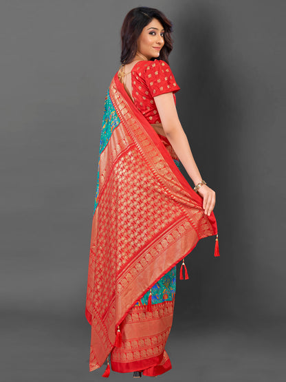 Women's Cotton Blend Light Blue Printed Designer Saree With Blouse Piece