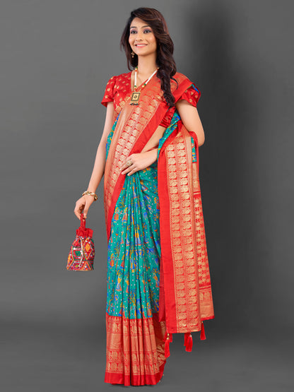 Women's Cotton Blend Light Blue Printed Designer Saree With Blouse Piece