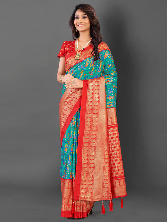 Women's Cotton Blend Light Blue Printed Designer Saree With Blouse Piece