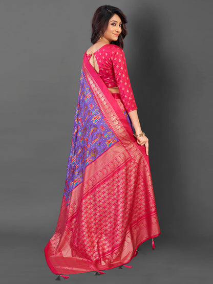 Women's Cotton Blend Lavendar Printed Designer Saree With Blouse Piece
