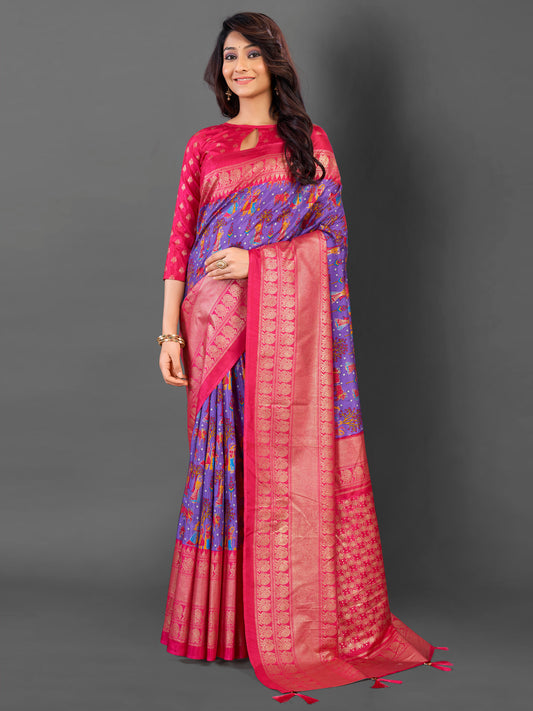 Women's Cotton Blend Lavendar Printed Designer Saree With Blouse Piece