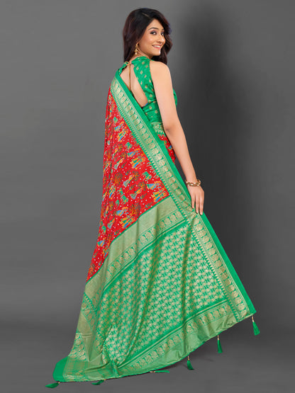 Women's Cotton Blend Red Printed Designer Saree With Blouse Piece