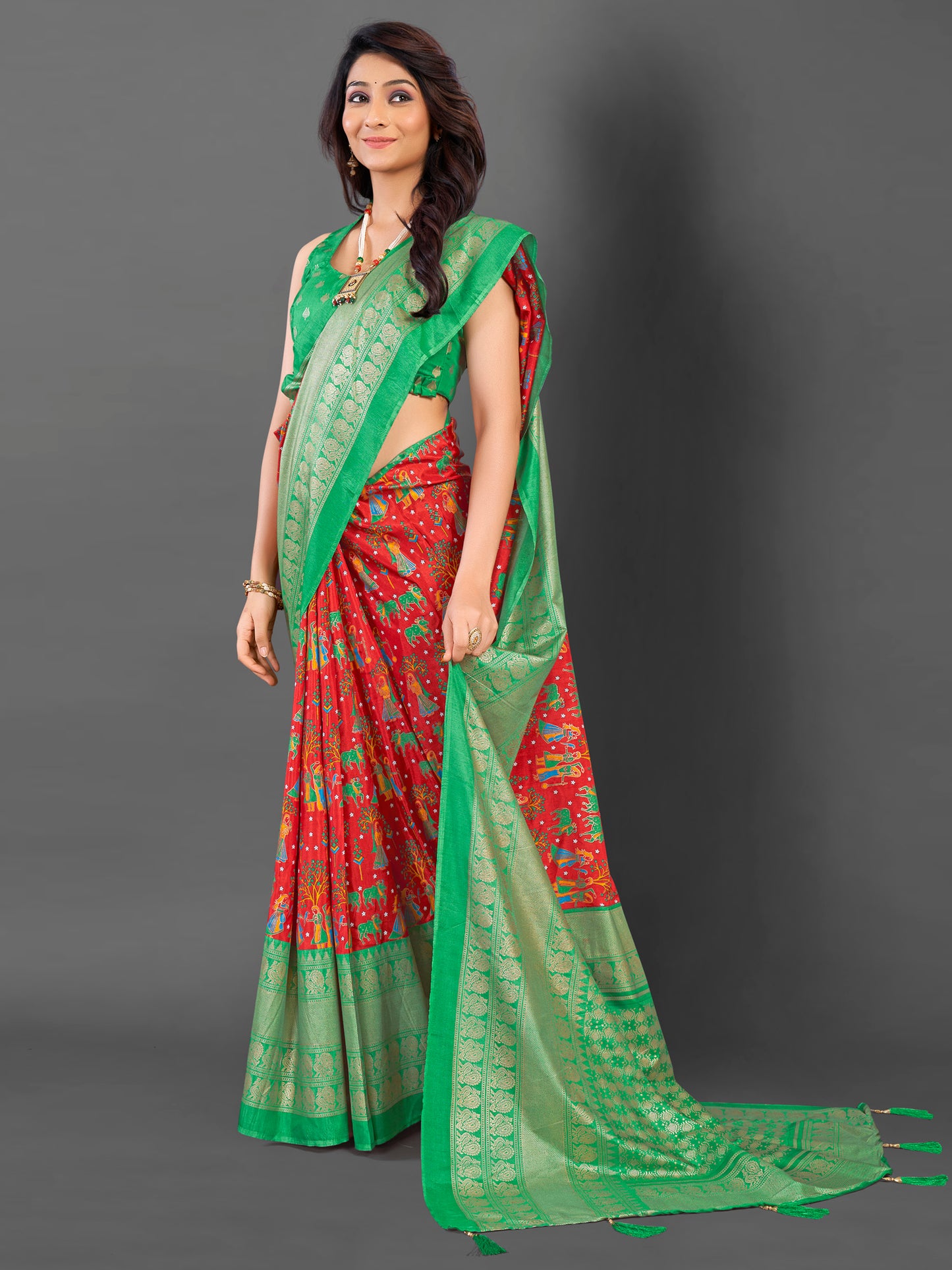 Women's Cotton Blend Red Printed Designer Saree With Blouse Piece