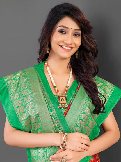 Women's Cotton Blend Red Printed Designer Saree With Blouse Piece