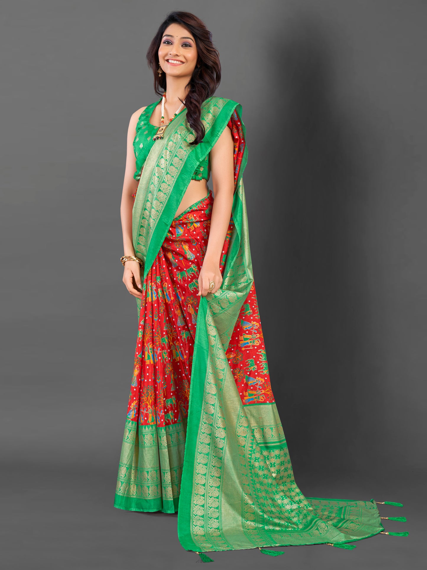 Women's Cotton Blend Red Printed Designer Saree With Blouse Piece