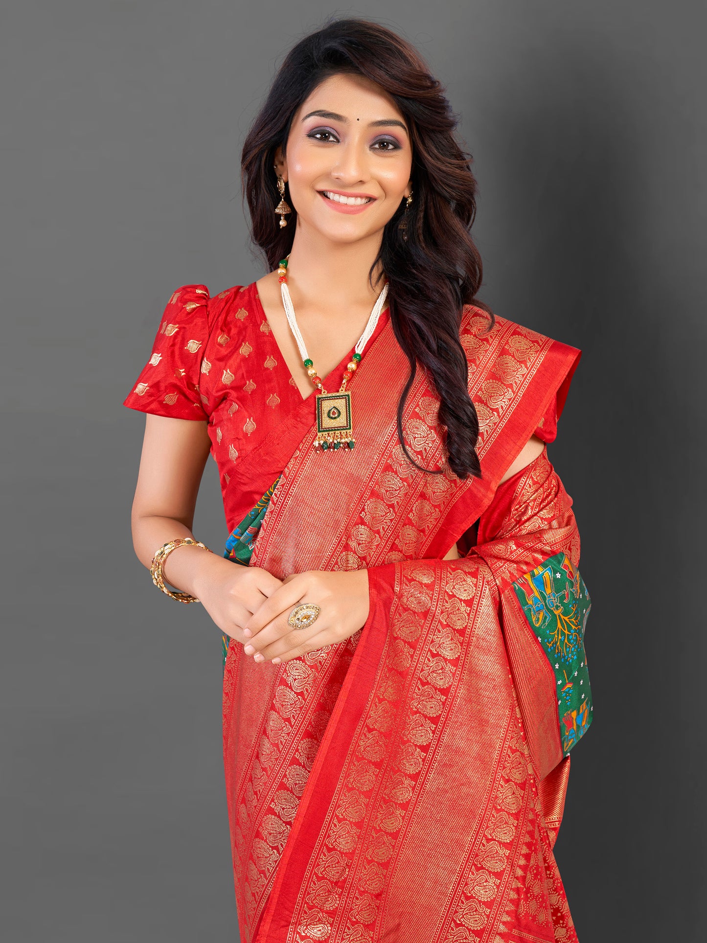 Women's Cotton Blend Green Printed Designer Saree With Blouse Piece