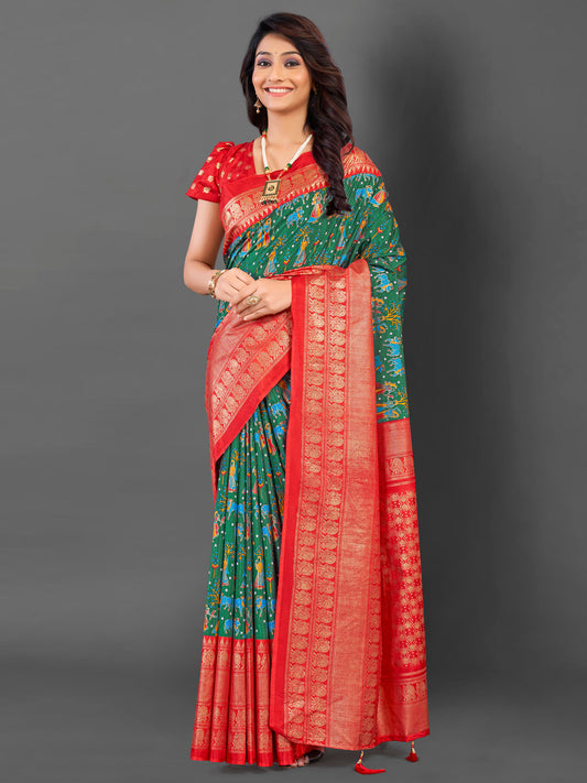Women's Cotton Blend Green Printed Designer Saree With Blouse Piece