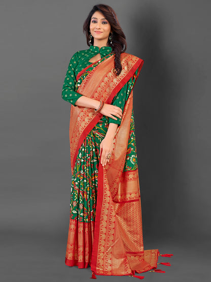 Women's Cotton Blend Green Printed Designer Saree With Blouse Piece
