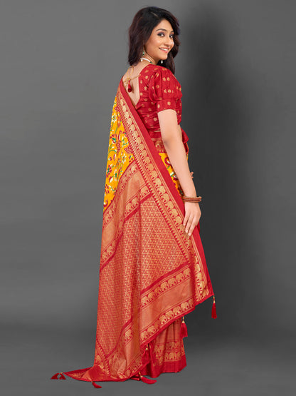 Women's Cotton Blend Yellow Printed Designer Saree With Blouse Piece