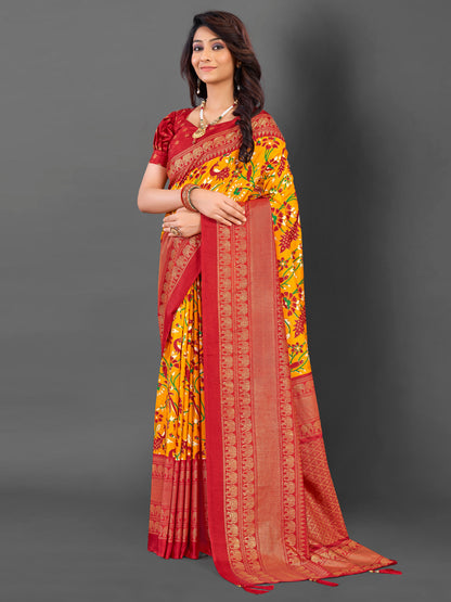 Women's Cotton Blend Yellow Printed Designer Saree With Blouse Piece