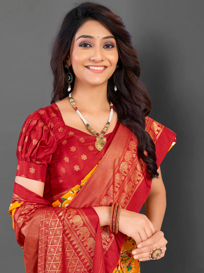Women's Cotton Blend Yellow Printed Designer Saree With Blouse Piece