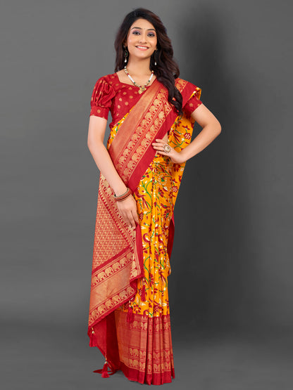 Women's Cotton Blend Yellow Printed Designer Saree With Blouse Piece
