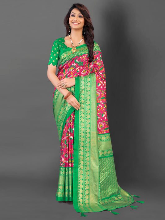 Women's Cotton Blend Pink Printed Designer Saree With Blouse Piece