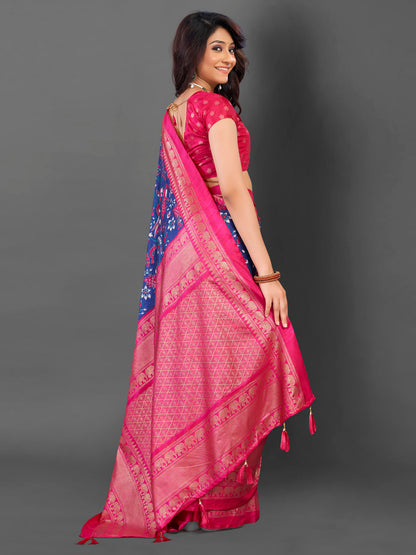 Women's Cotton Blend Blue Printed Designer Saree With Blouse Piece