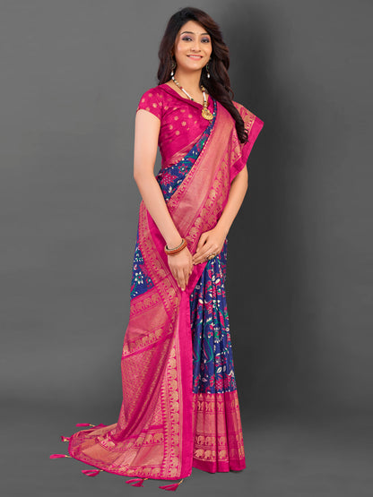 Women's Cotton Blend Blue Printed Designer Saree With Blouse Piece
