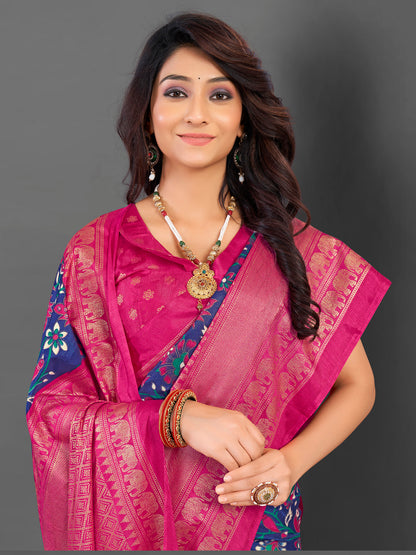 Women's Cotton Blend Blue Printed Designer Saree With Blouse Piece