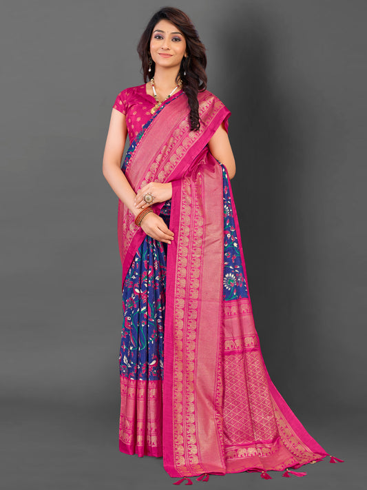 Women's Cotton Blend Blue Printed Designer Saree With Blouse Piece