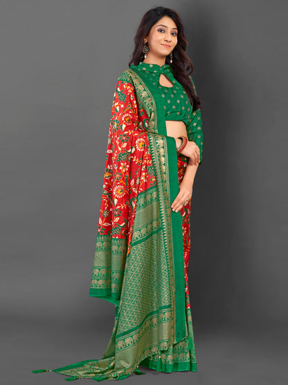 Women's Cotton Blend Red Printed Designer Saree With Blouse Piece