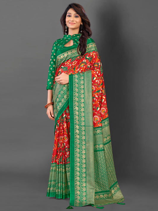 Women's Cotton Blend Red Printed Designer Saree With Blouse Piece