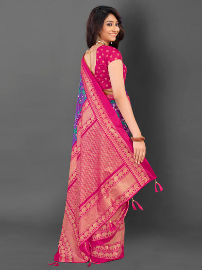Women's Cotton Blend Purple Printed Designer Saree With Blouse Piece