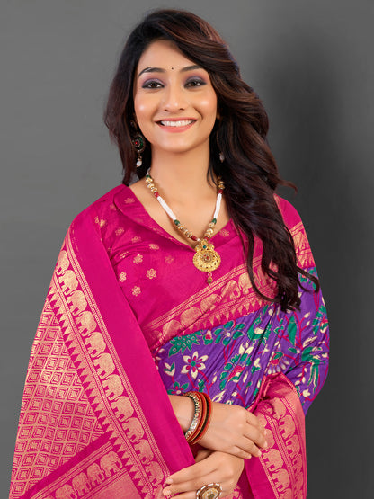 Women's Cotton Blend Purple Printed Designer Saree With Blouse Piece