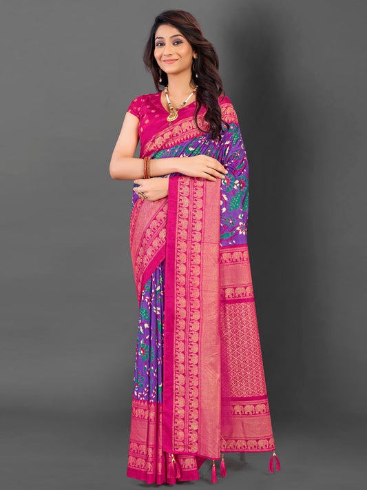 Women's Cotton Blend Purple Printed Designer Saree With Blouse Piece