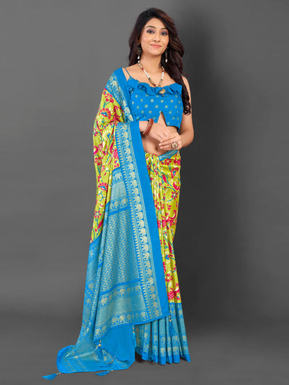 Women's Cotton Blend Light Green Printed Designer Saree With Blouse Piece