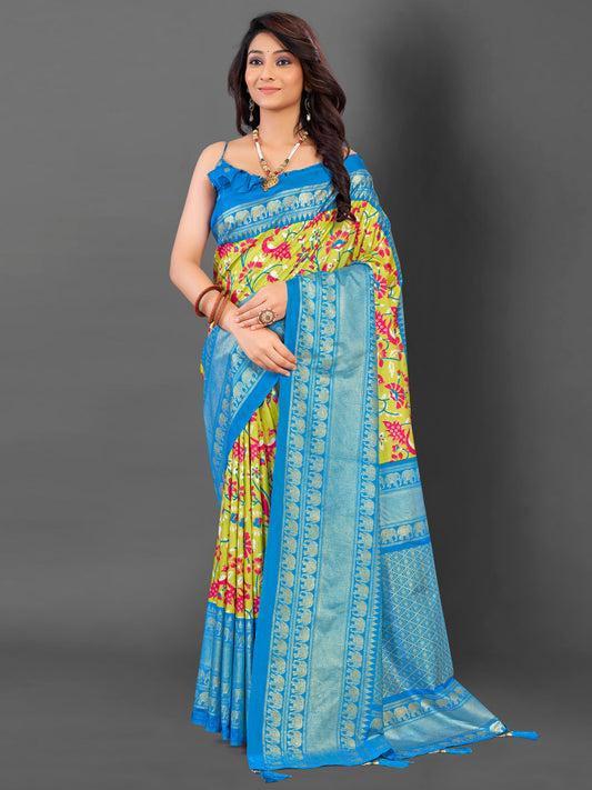Women's Cotton Blend Light Green Printed Designer Saree With Blouse Piece