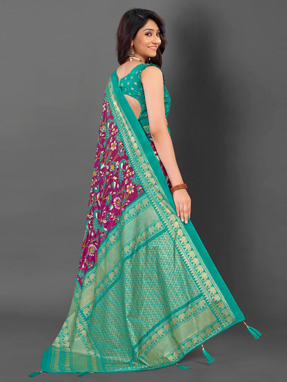 Women's Cotton Blend Magenta Printed Designer Saree With Blouse Piece