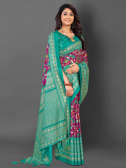 Women's Cotton Blend Magenta Printed Designer Saree With Blouse Piece