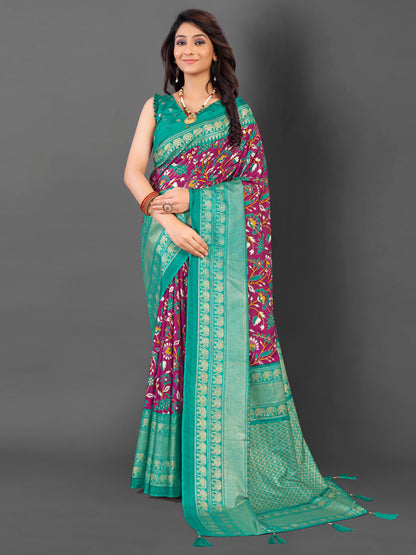 Women's Cotton Blend Magenta Printed Designer Saree With Blouse Piece