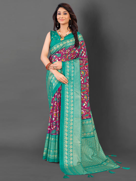 Women's Cotton Blend Magenta Printed Designer Saree With Blouse Piece